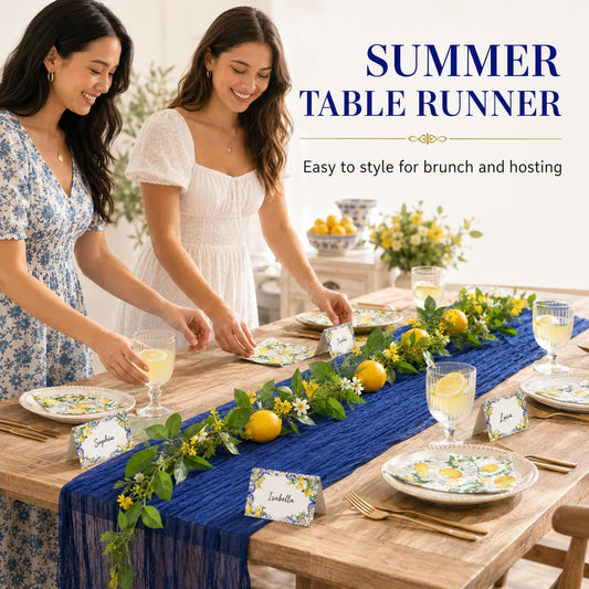 Amalfi Coast Inspired Lemon Party Decorations Set, Mediterranean Table Decor with Royal Blue Gauze Table Runner, 6.6 ft Lemon Garland, 20 Place Cards, 40 Paper Napkins for Summer Party Home Decor