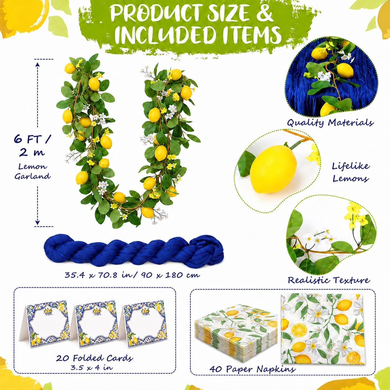Amalfi Coast Inspired Lemon Party Decorations Set, Mediterranean Table Decor with Royal Blue Gauze Table Runner, 6.6 ft Lemon Garland, 20 Place Cards, 40 Paper Napkins for Summer Party Home Decor