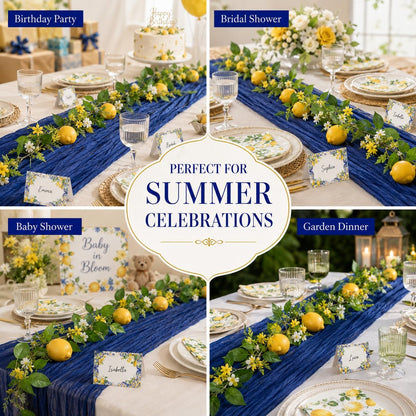 Amalfi Coast Inspired Lemon Party Decorations Set, Mediterranean Table Decor with Royal Blue Gauze Table Runner, 6.6 ft Lemon Garland, 20 Place Cards, 40 Paper Napkins for Summer Party Home Decor
