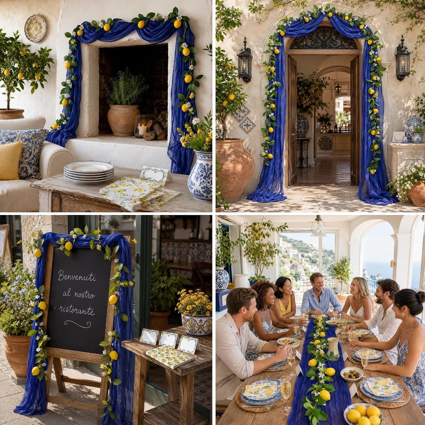 Amalfi Coast Inspired Lemon Party Decorations Set, Mediterranean Table Decor with Royal Blue Gauze Table Runner, 6.6 ft Lemon Garland, 20 Place Cards, 40 Paper Napkins for Summer Party Home Decor