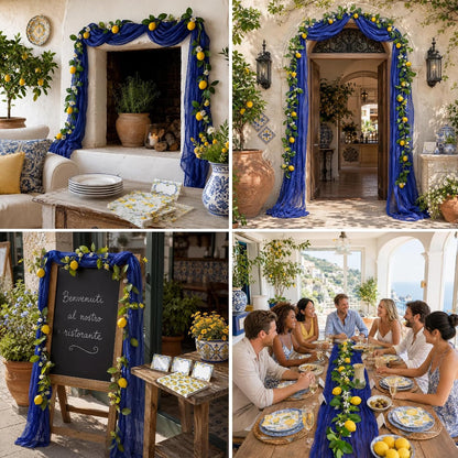 Amalfi Coast Inspired Lemon Party Decorations Set, Mediterranean Table Decor with Royal Blue Gauze Table Runner, 6.6 ft Lemon Garland, 20 Place Cards, 40 Paper Napkins for Summer Party Home Decor