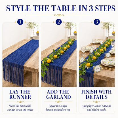Amalfi Coast Inspired Lemon Party Decorations Set, Mediterranean Table Decor with Royal Blue Gauze Table Runner, 6.6 ft Lemon Garland, 20 Place Cards, 40 Paper Napkins for Summer Party Home Decor