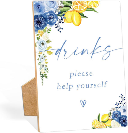 Floral Wedding Drinks Please Help Yourself Sign, Something Blue Bridal Shower Sign, Wooden Blue Lemon Bridal Shower Decorations, Engagement, Wedding Must Have for Reception and Ceremony, 32