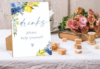 Floral Wedding Drinks Please Help Yourself Sign, Something Blue Bridal Shower Sign, Wooden Blue Lemon Bridal Shower Decorations, Engagement, Wedding Must Have for Reception and Ceremony, 32