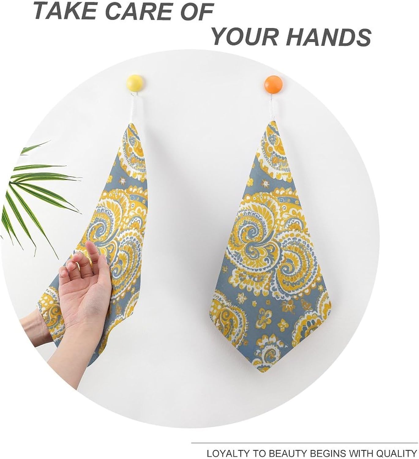 Yellow Paisley Pattern Kitchen Towels Set -1PCS Super Absorbent Hand Towels, Soft Face Towel Set with Hanging Loop Lightweight Quick Dry Microfiber Dish Towels for Yoga Camping Hotel Spa Travel