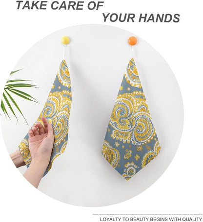 Yellow Paisley Pattern Kitchen Towels Set -1PCS Super Absorbent Hand Towels, Soft Face Towel Set with Hanging Loop Lightweight Quick Dry Microfiber Dish Towels for Yoga Camping Hotel Spa Travel