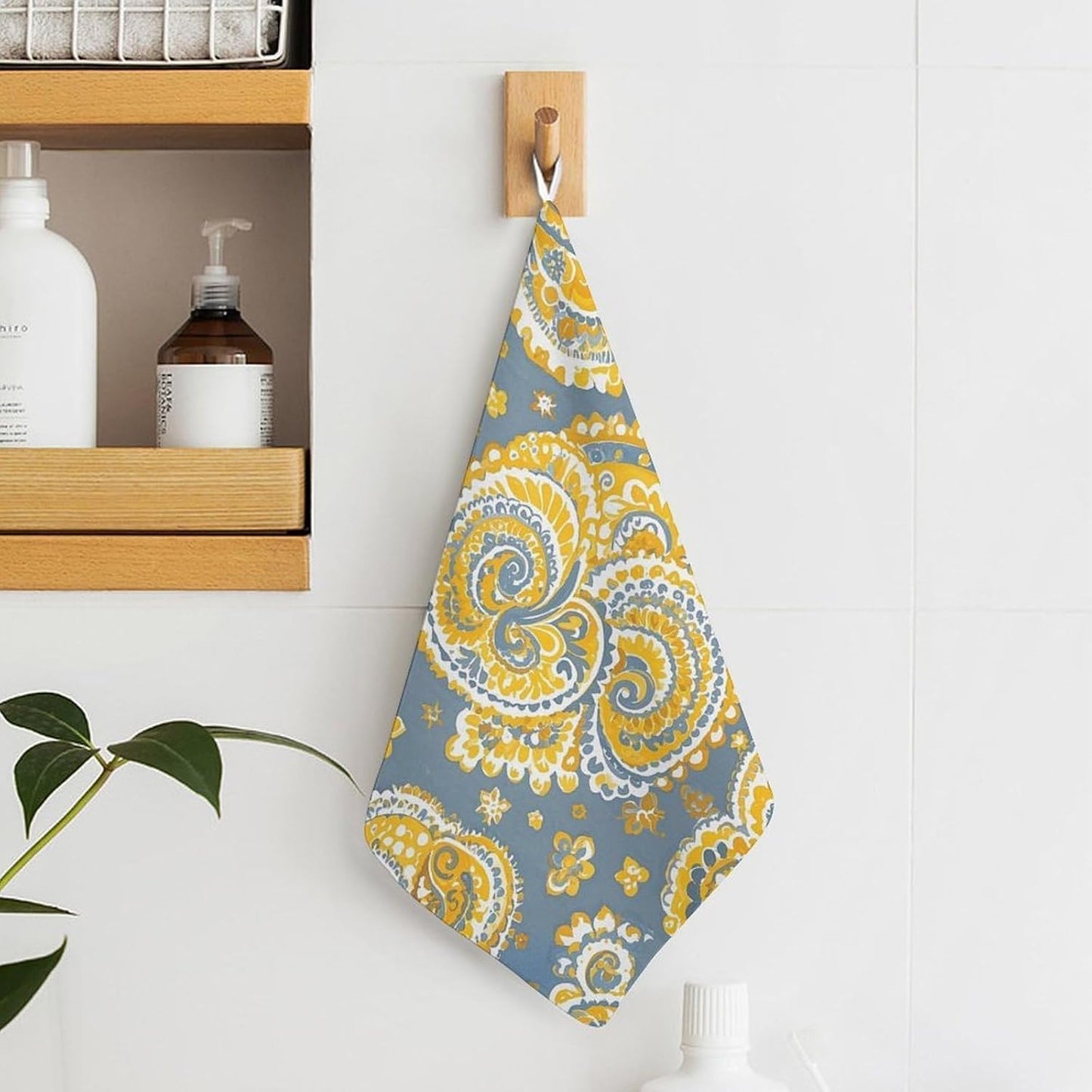 Yellow Paisley Pattern Kitchen Towels Set -1PCS Super Absorbent Hand Towels, Soft Face Towel Set with Hanging Loop Lightweight Quick Dry Microfiber Dish Towels for Yoga Camping Hotel Spa Travel