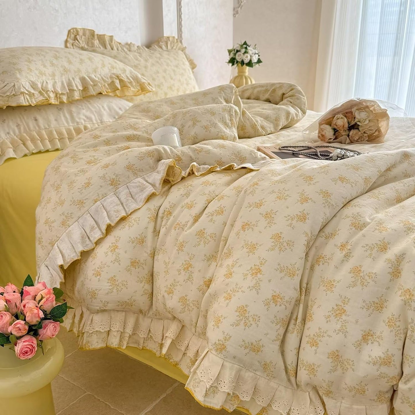Full Size Duvet Cover 100% Muslin Cotton Healthy,Cute Yellow Flower 3 Pcs Bedding Set with Lace Ruffles,Lightweight Breathable Soft Comforter Cover with Zipper Ties for Teen Girls Kids 80"×90"