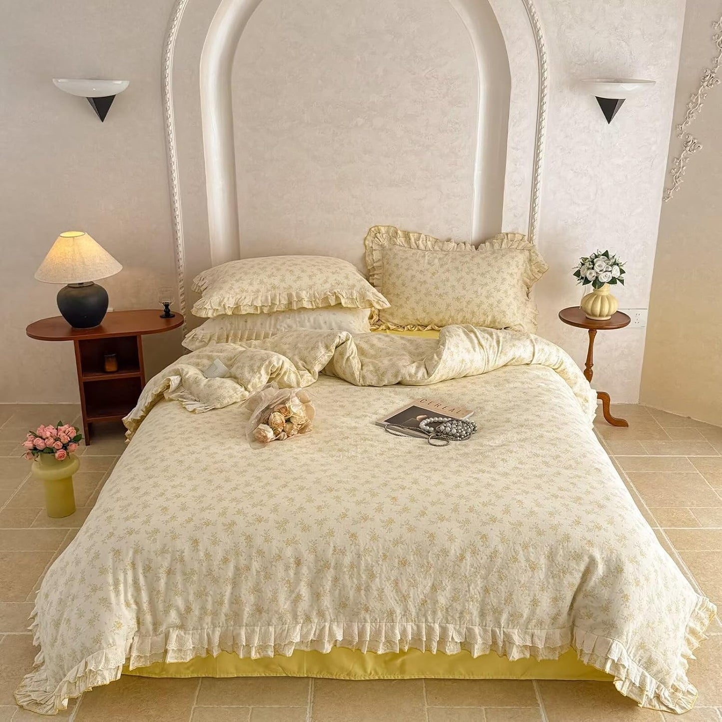 Full Size Duvet Cover 100% Muslin Cotton Healthy,Cute Yellow Flower 3 Pcs Bedding Set with Lace Ruffles,Lightweight Breathable Soft Comforter Cover with Zipper Ties for Teen Girls Kids 80"×90"