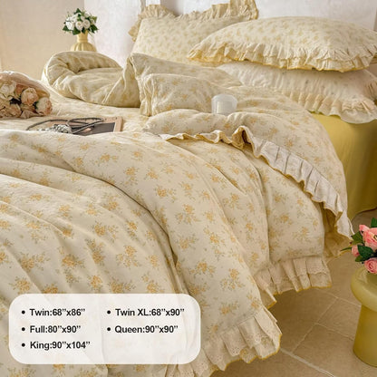 Full Size Duvet Cover 100% Muslin Cotton Healthy,Cute Yellow Flower 3 Pcs Bedding Set with Lace Ruffles,Lightweight Breathable Soft Comforter Cover with Zipper Ties for Teen Girls Kids 80"×90"