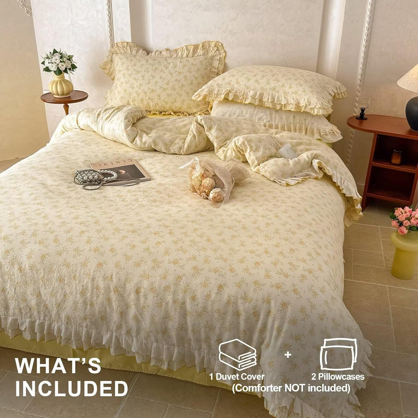 Full Size Duvet Cover 100% Muslin Cotton Healthy,Cute Yellow Flower 3 Pcs Bedding Set with Lace Ruffles,Lightweight Breathable Soft Comforter Cover with Zipper Ties for Teen Girls Kids 80"×90"