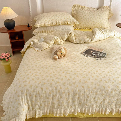 Full Size Duvet Cover 100% Muslin Cotton Healthy,Cute Yellow Flower 3 Pcs Bedding Set with Lace Ruffles,Lightweight Breathable Soft Comforter Cover with Zipper Ties for Teen Girls Kids 80"×90"