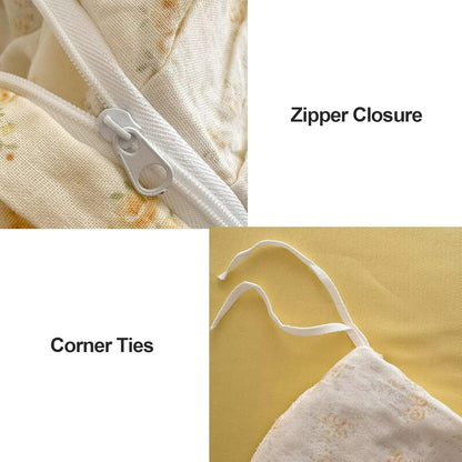 Full Size Duvet Cover 100% Muslin Cotton Healthy,Cute Yellow Flower 3 Pcs Bedding Set with Lace Ruffles,Lightweight Breathable Soft Comforter Cover with Zipper Ties for Teen Girls Kids 80"×90"