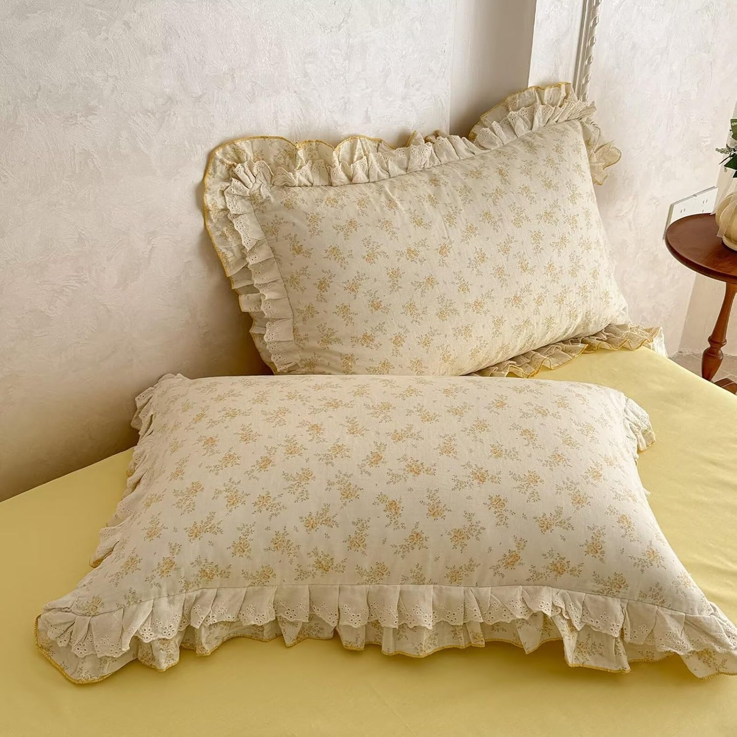 Full Size Duvet Cover 100% Muslin Cotton Healthy,Cute Yellow Flower 3 Pcs Bedding Set with Lace Ruffles,Lightweight Breathable Soft Comforter Cover with Zipper Ties for Teen Girls Kids 80"×90"