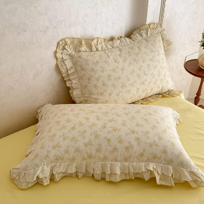 Full Size Duvet Cover 100% Muslin Cotton Healthy,Cute Yellow Flower 3 Pcs Bedding Set with Lace Ruffles,Lightweight Breathable Soft Comforter Cover with Zipper Ties for Teen Girls Kids 80"×90"