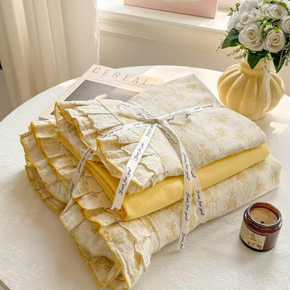 Full Size Duvet Cover 100% Muslin Cotton Healthy,Cute Yellow Flower 3 Pcs Bedding Set with Lace Ruffles,Lightweight Breathable Soft Comforter Cover with Zipper Ties for Teen Girls Kids 80"×90"