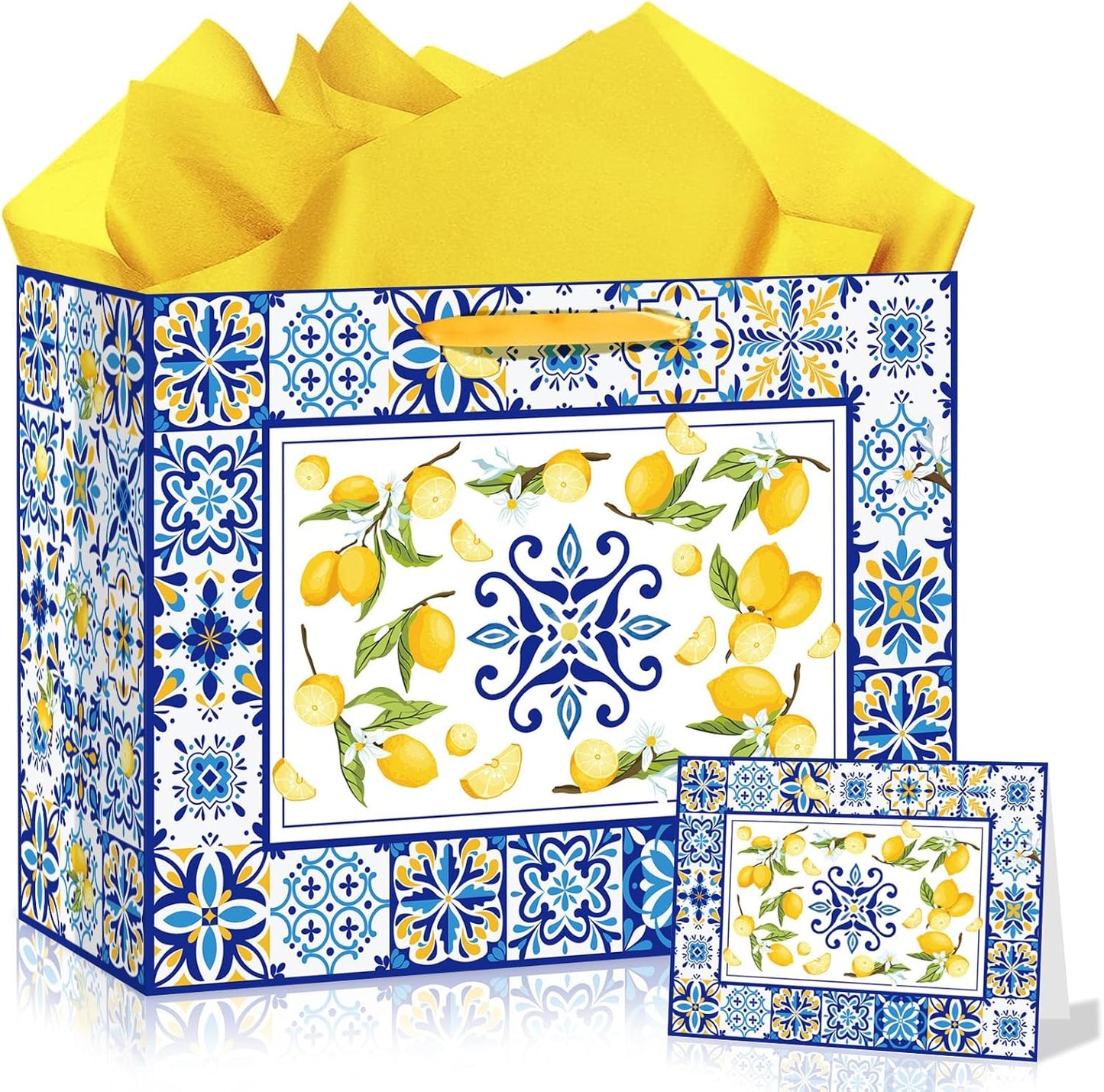 Blue Tiles Lemon Gift Bags Lemon Birthday Baby Bridal Shower Wedding Decorations Party Supplies Decor Favors with Wrapping Tissue Paper and Greeting Card Yellow Handles for Kids Boys Girls Men Women