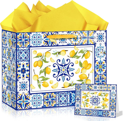 Blue Tiles Lemon Gift Bags Lemon Birthday Baby Bridal Shower Wedding Decorations Party Supplies Decor Favors with Wrapping Tissue Paper and Greeting Card Yellow Handles for Kids Boys Girls Men Women