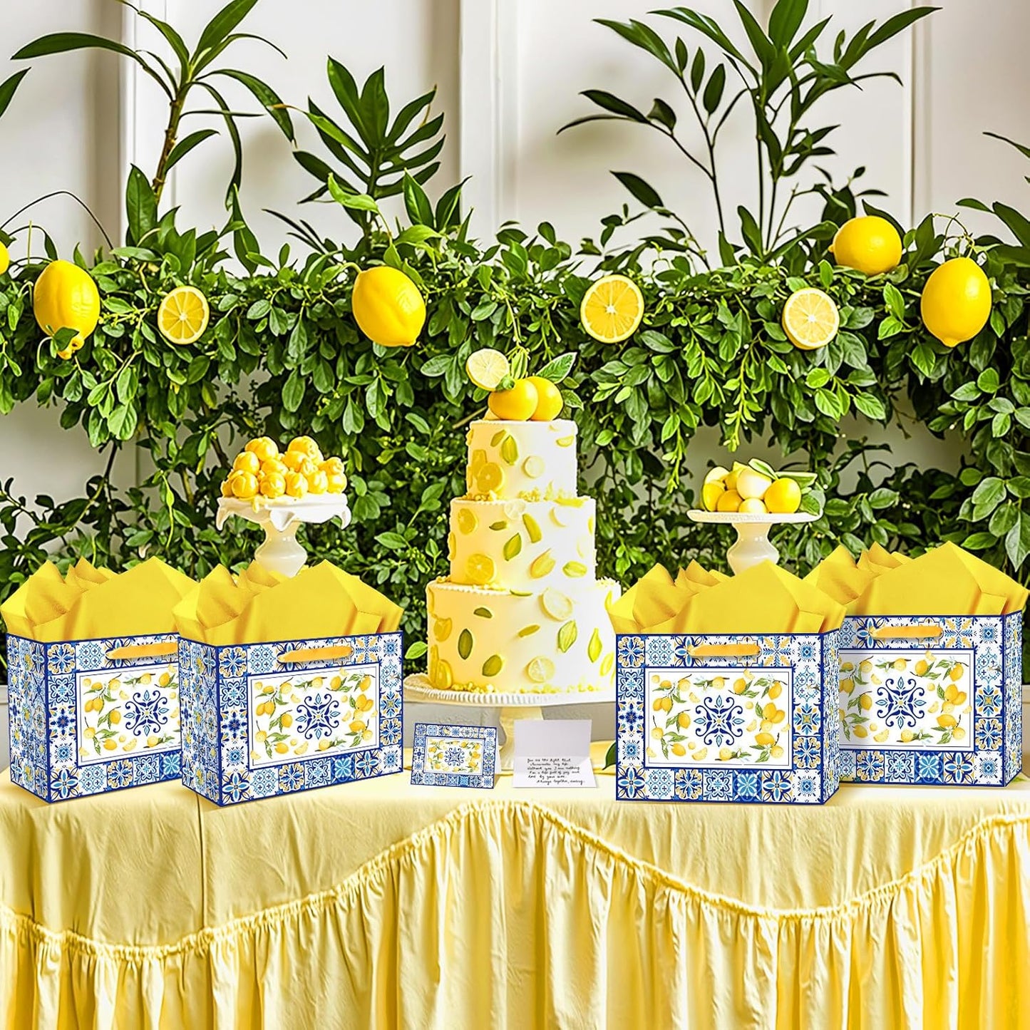 Blue Tiles Lemon Gift Bags Lemon Birthday Baby Bridal Shower Wedding Decorations Party Supplies Decor Favors with Wrapping Tissue Paper and Greeting Card Yellow Handles for Kids Boys Girls Men Women