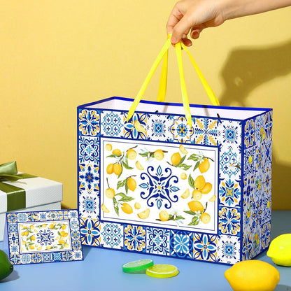 Blue Tiles Lemon Gift Bags Lemon Birthday Baby Bridal Shower Wedding Decorations Party Supplies Decor Favors with Wrapping Tissue Paper and Greeting Card Yellow Handles for Kids Boys Girls Men Women