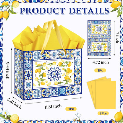 Blue Tiles Lemon Gift Bags Lemon Birthday Baby Bridal Shower Wedding Decorations Party Supplies Decor Favors with Wrapping Tissue Paper and Greeting Card Yellow Handles for Kids Boys Girls Men Women