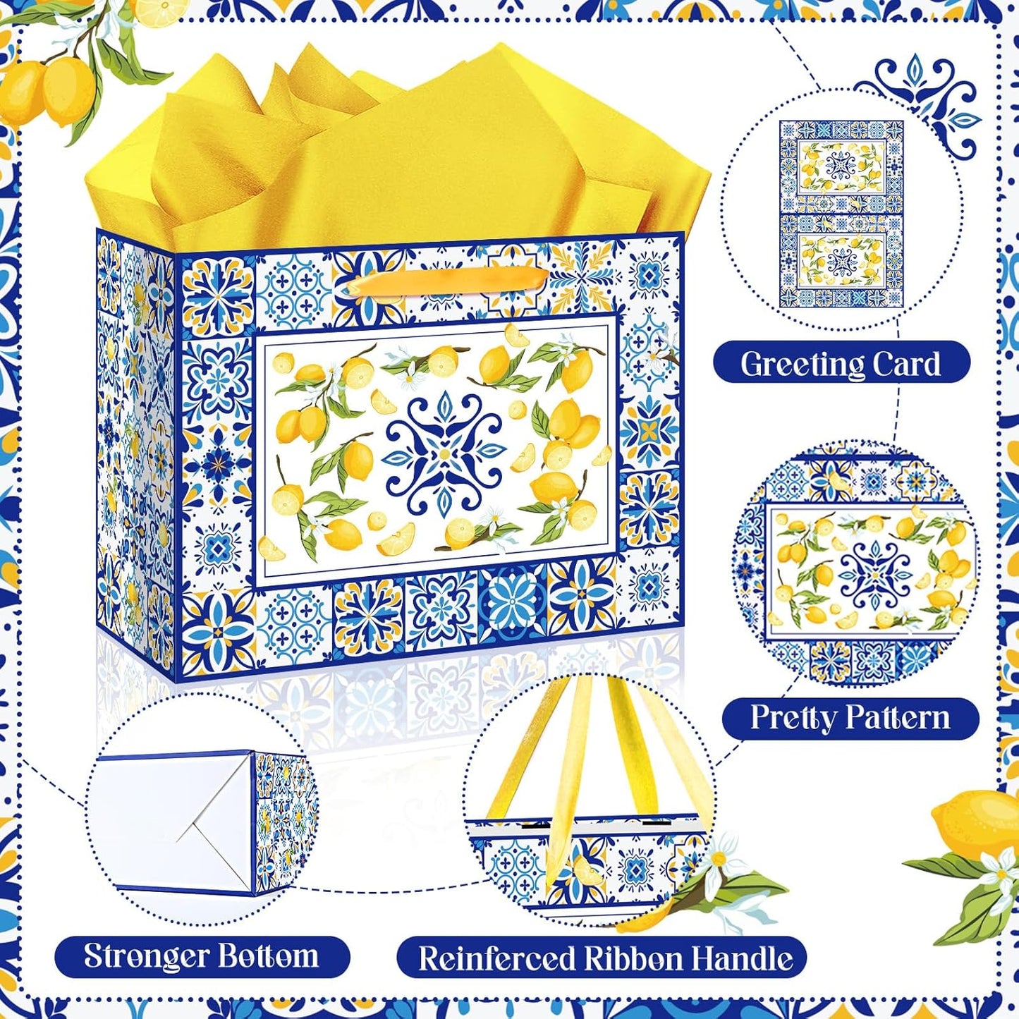 Blue Tiles Lemon Gift Bags Lemon Birthday Baby Bridal Shower Wedding Decorations Party Supplies Decor Favors with Wrapping Tissue Paper and Greeting Card Yellow Handles for Kids Boys Girls Men Women