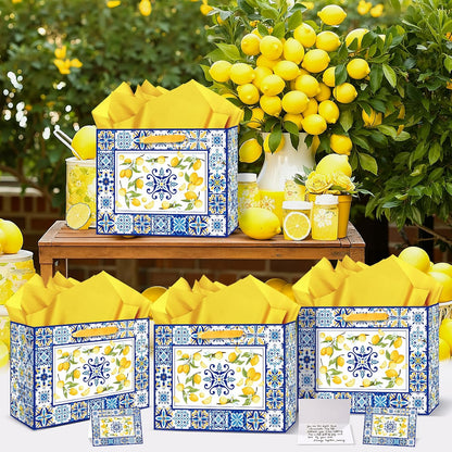 Blue Tiles Lemon Gift Bags Lemon Birthday Baby Bridal Shower Wedding Decorations Party Supplies Decor Favors with Wrapping Tissue Paper and Greeting Card Yellow Handles for Kids Boys Girls Men Women