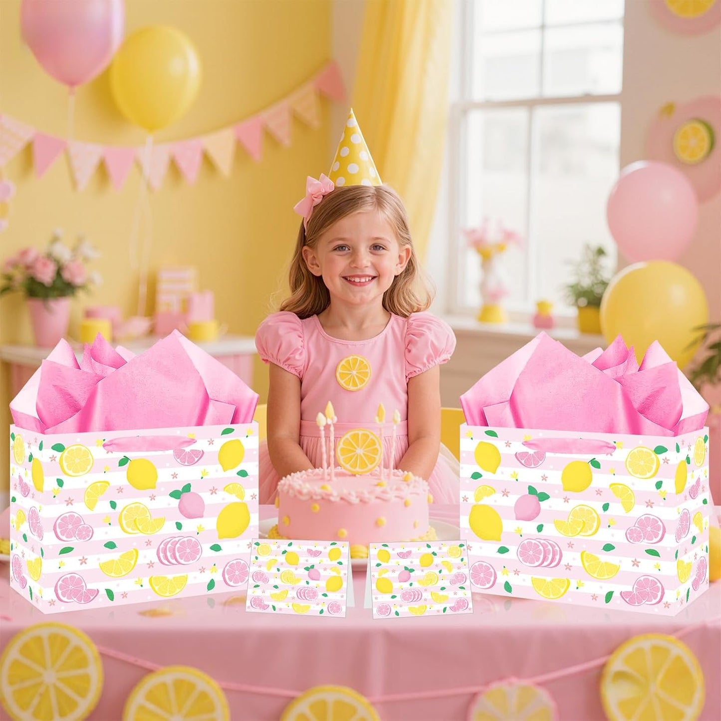 Blue Tiles Lemon Gift Bags Lemon Birthday Baby Bridal Shower Wedding Decorations Party Supplies Decor Favors with Wrapping Tissue Paper and Greeting Card Yellow Handles for Kids Boys Girls Men Women