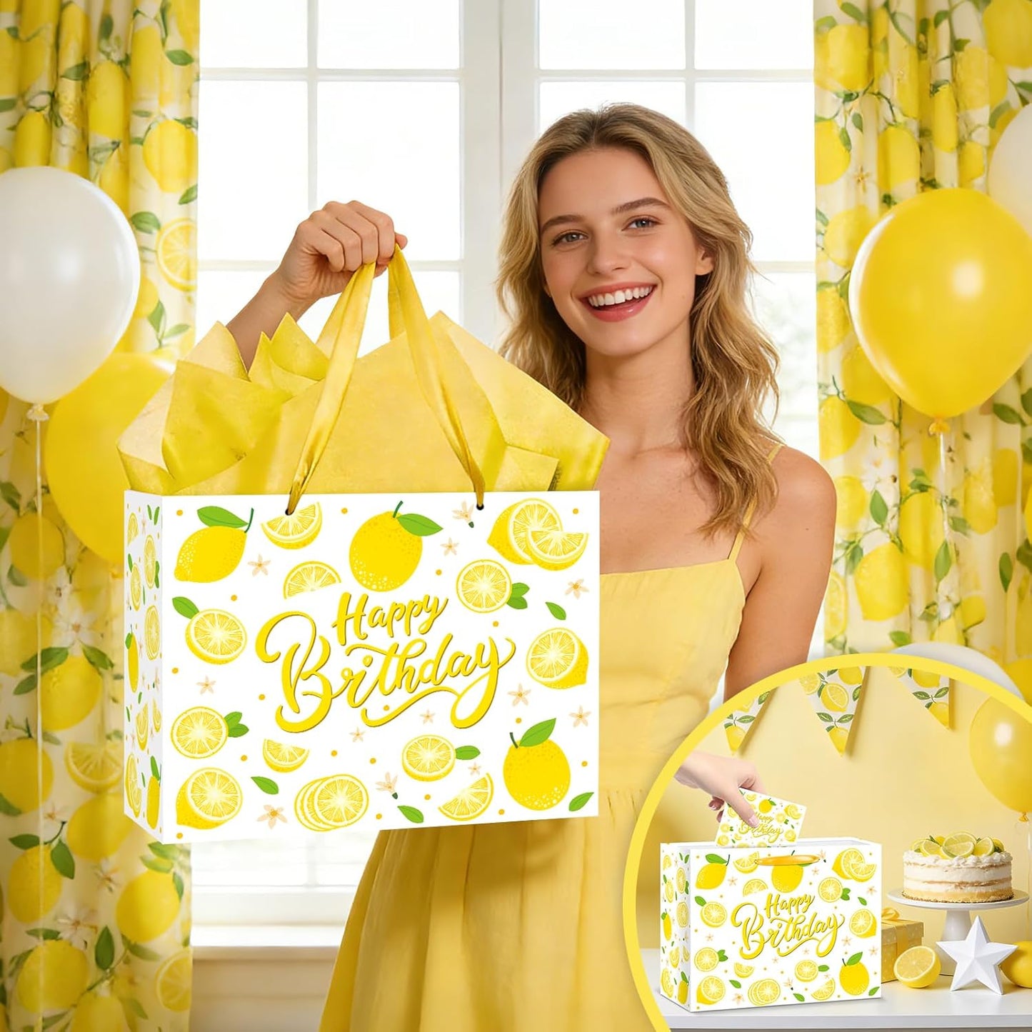 Blue Tiles Lemon Gift Bags Lemon Birthday Baby Bridal Shower Wedding Decorations Party Supplies Decor Favors with Wrapping Tissue Paper and Greeting Card Yellow Handles for Kids Boys Girls Men Women
