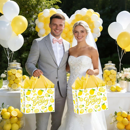 Blue Tiles Lemon Gift Bags Lemon Birthday Baby Bridal Shower Wedding Decorations Party Supplies Decor Favors with Wrapping Tissue Paper and Greeting Card Yellow Handles for Kids Boys Girls Men Women