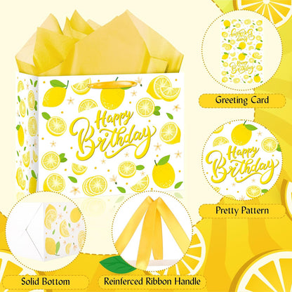 Blue Tiles Lemon Gift Bags Lemon Birthday Baby Bridal Shower Wedding Decorations Party Supplies Decor Favors with Wrapping Tissue Paper and Greeting Card Yellow Handles for Kids Boys Girls Men Women