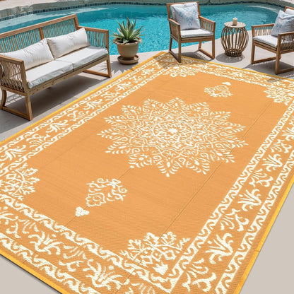 Outdoor Rug 9x12 Ft, Waterproof Plastic Straw Patio Rug, Reversible Backyard Carpet UV Resistant Portable RV Mat, Large Indoor Outdoor Rug for Patio, Porch, Deck, Balcony, Orange Yellow