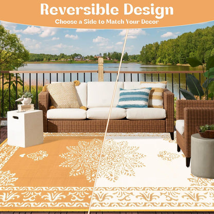 Outdoor Rug 9x12 Ft, Waterproof Plastic Straw Patio Rug, Reversible Backyard Carpet UV Resistant Portable RV Mat, Large Indoor Outdoor Rug for Patio, Porch, Deck, Balcony, Orange Yellow