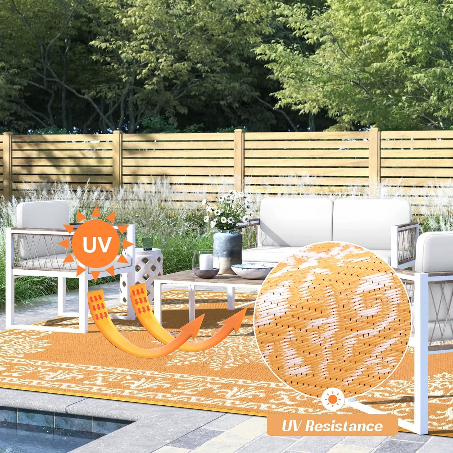 Outdoor Rug 9x12 Ft, Waterproof Plastic Straw Patio Rug, Reversible Backyard Carpet UV Resistant Portable RV Mat, Large Indoor Outdoor Rug for Patio, Porch, Deck, Balcony, Orange Yellow