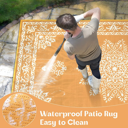 Outdoor Rug 9x12 Ft, Waterproof Plastic Straw Patio Rug, Reversible Backyard Carpet UV Resistant Portable RV Mat, Large Indoor Outdoor Rug for Patio, Porch, Deck, Balcony, Orange Yellow