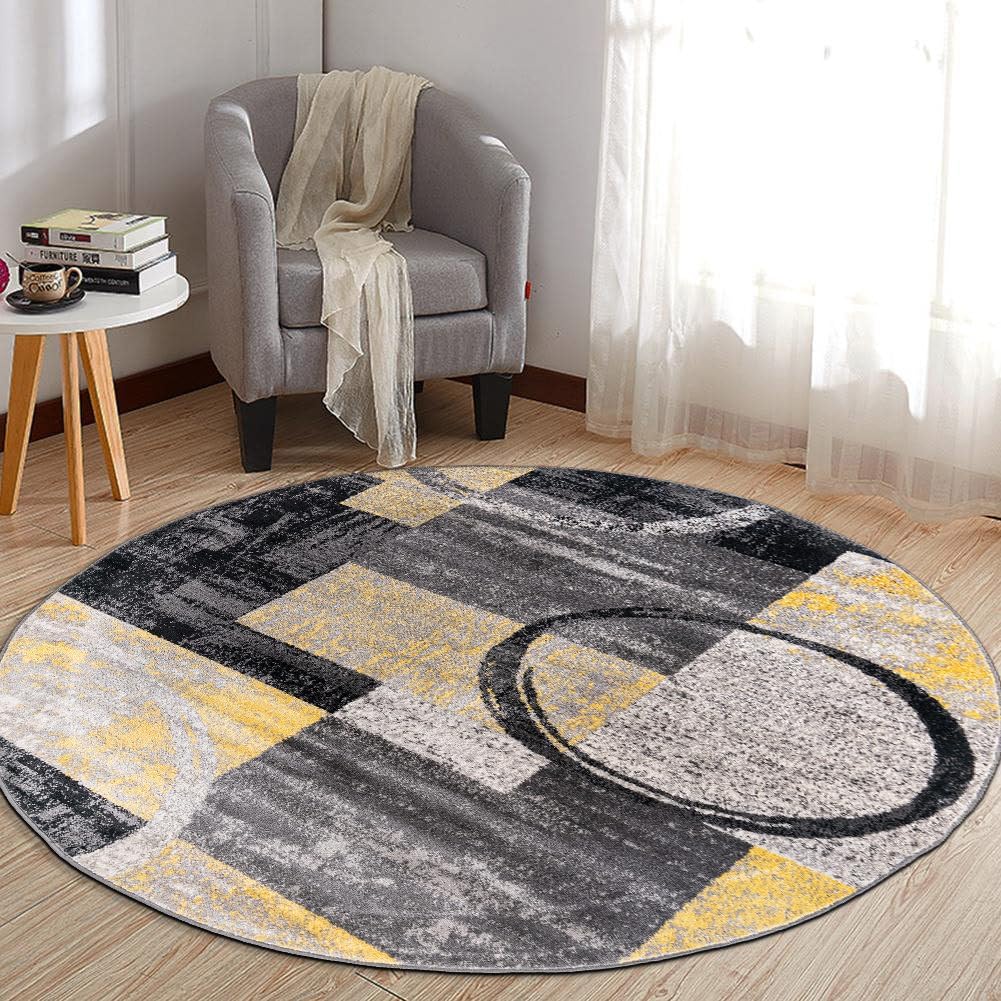 Contemporary Abstract Circle Design Soft Area Rug 6' 6" Round Yellow