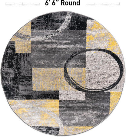 Contemporary Abstract Circle Design Soft Area Rug 6' 6" Round Yellow