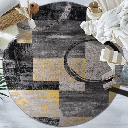 Contemporary Abstract Circle Design Soft Area Rug 6' 6" Round Yellow