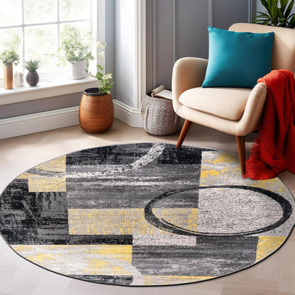 Contemporary Abstract Circle Design Soft Area Rug 6' 6" Round Yellow