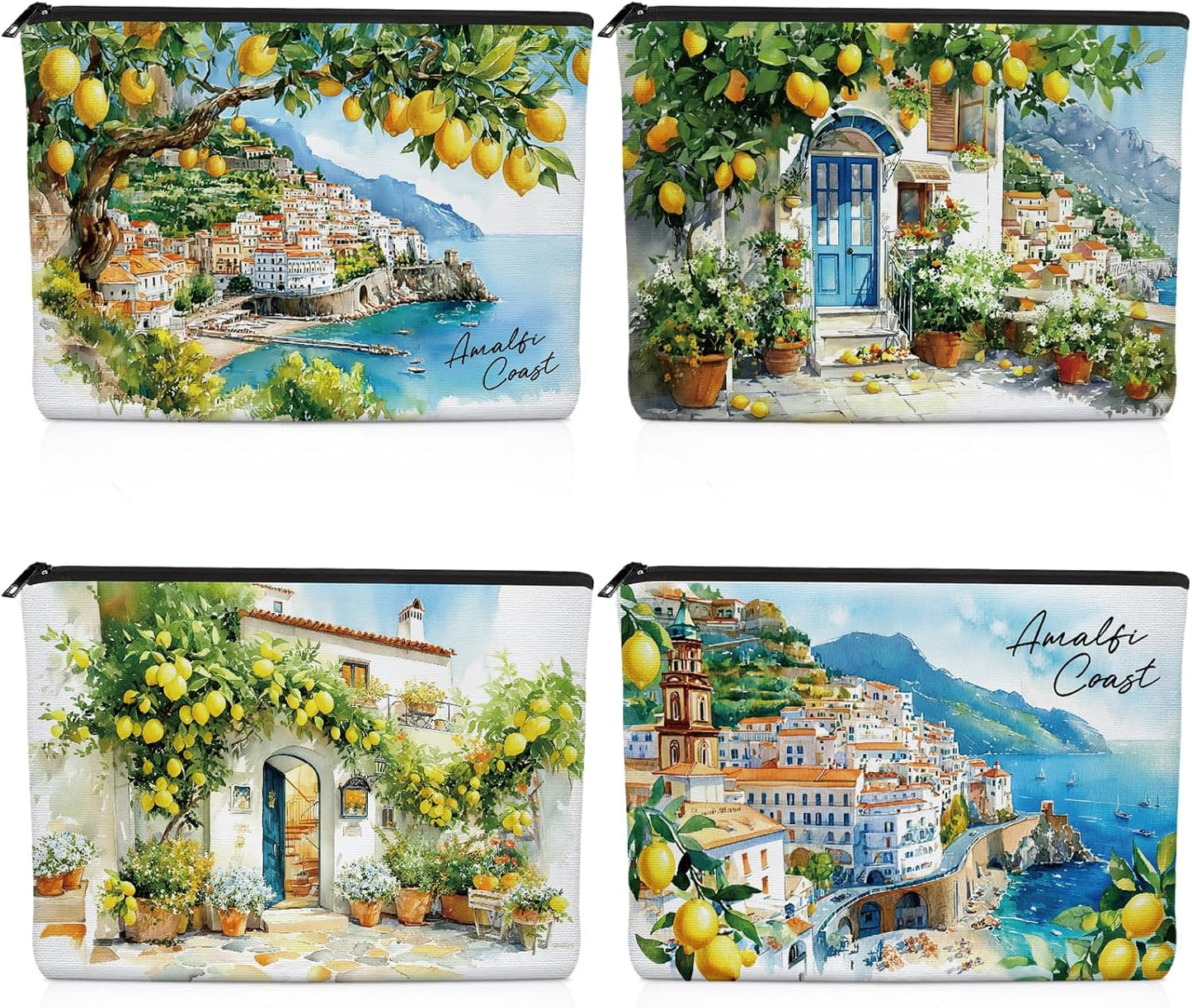 Lemon Gifts Makeup Bag - 4 Pcs Amalfi Coast Cosmetic Bags Set | Aesthetic Toiletry Pouch Italy Travel Essentials Graduation Party Birthday Gift for Women Girls Mom Daughter Friends