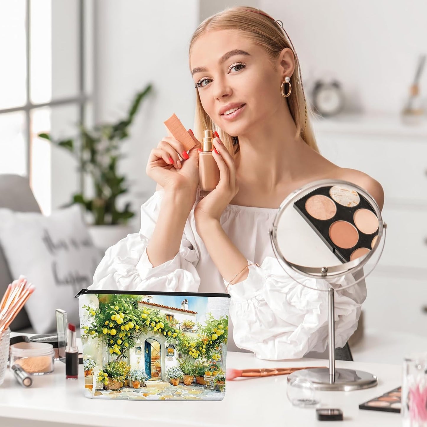 Lemon Gifts Makeup Bag - 4 Pcs Amalfi Coast Cosmetic Bags Set | Aesthetic Toiletry Pouch Italy Travel Essentials Graduation Party Birthday Gift for Women Girls Mom Daughter Friends