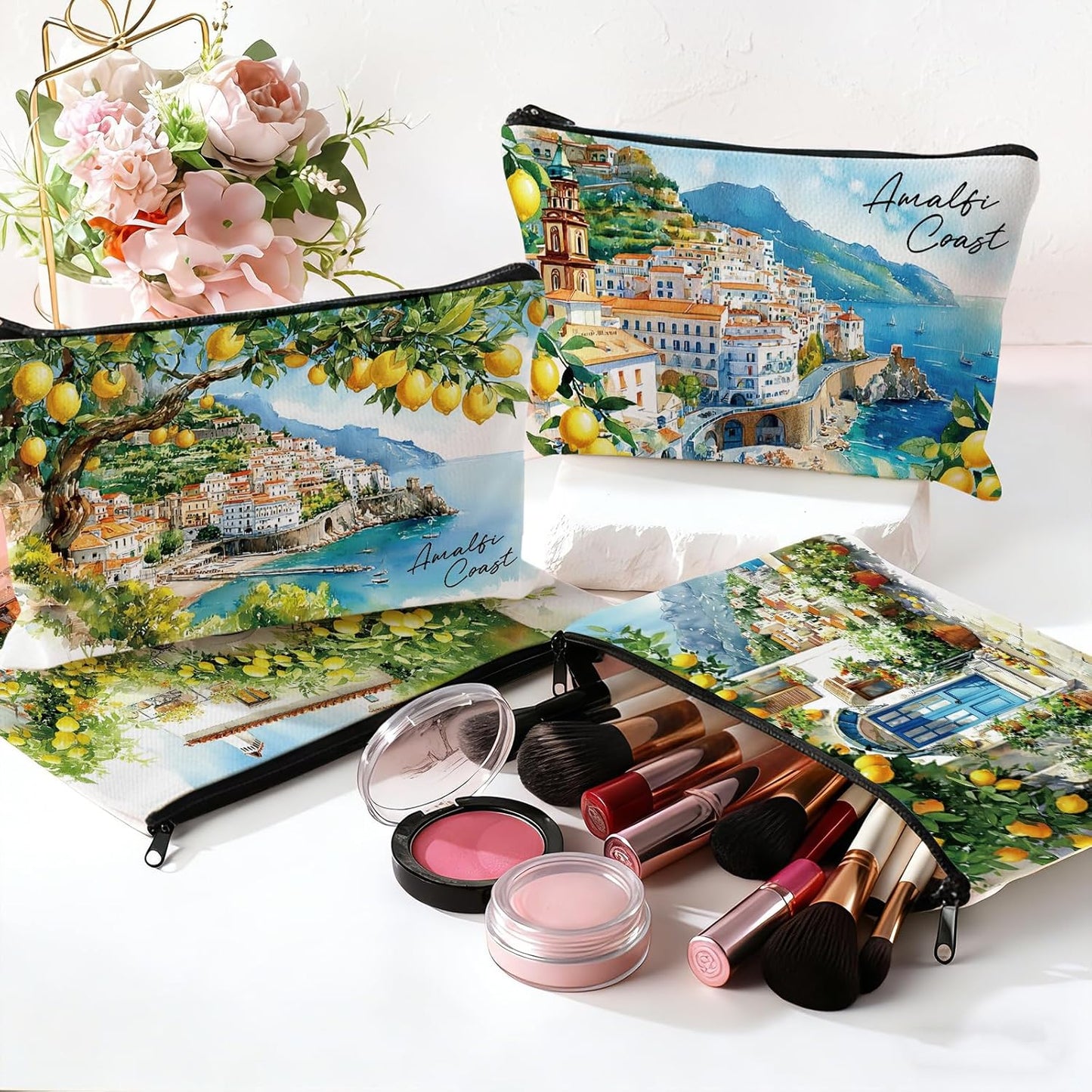 Lemon Gifts Makeup Bag - 4 Pcs Amalfi Coast Cosmetic Bags Set | Aesthetic Toiletry Pouch Italy Travel Essentials Graduation Party Birthday Gift for Women Girls Mom Daughter Friends