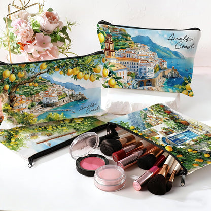 Lemon Gifts Makeup Bag - 4 Pcs Amalfi Coast Cosmetic Bags Set | Aesthetic Toiletry Pouch Italy Travel Essentials Graduation Party Birthday Gift for Women Girls Mom Daughter Friends
