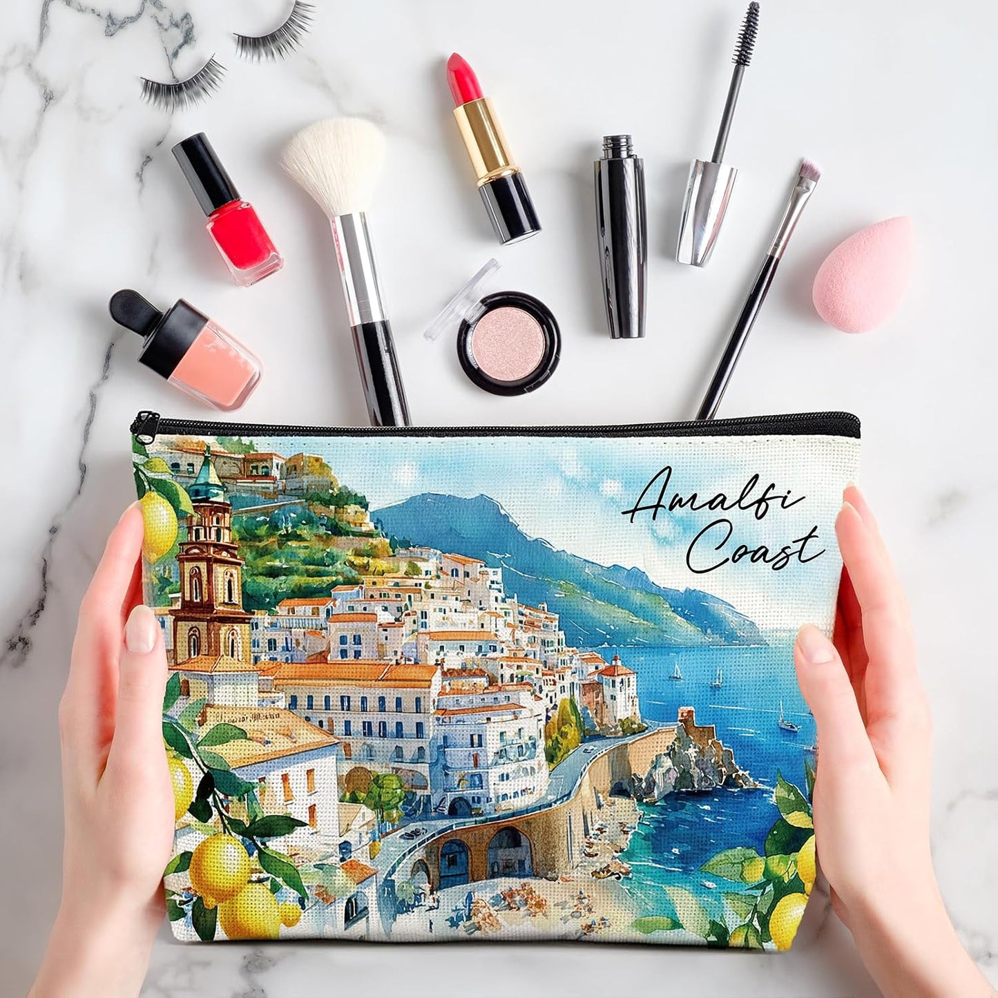 Lemon Gifts Makeup Bag - 4 Pcs Amalfi Coast Cosmetic Bags Set | Aesthetic Toiletry Pouch Italy Travel Essentials Graduation Party Birthday Gift for Women Girls Mom Daughter Friends