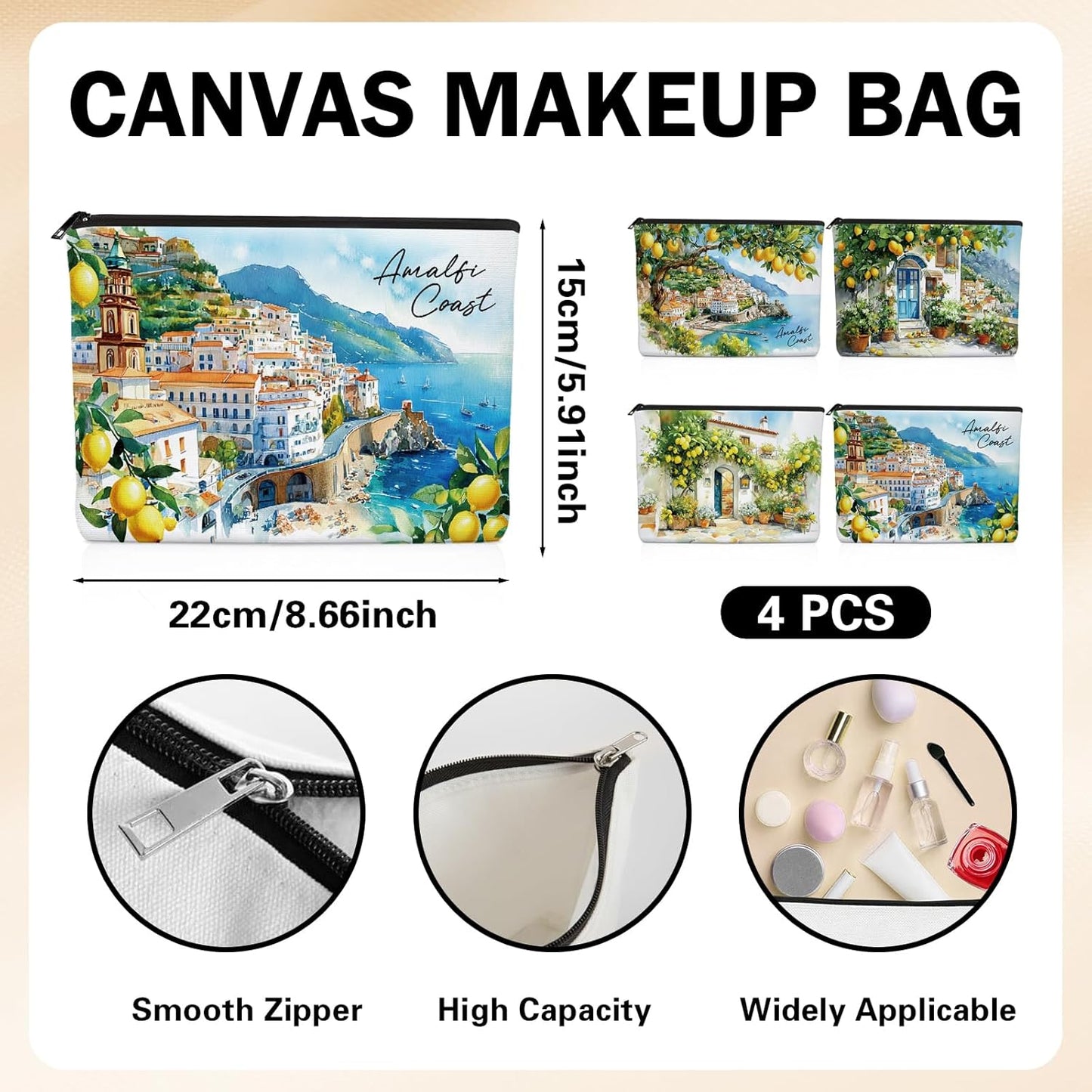 Lemon Gifts Makeup Bag - 4 Pcs Amalfi Coast Cosmetic Bags Set | Aesthetic Toiletry Pouch Italy Travel Essentials Graduation Party Birthday Gift for Women Girls Mom Daughter Friends
