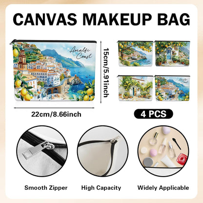 Lemon Gifts Makeup Bag - 4 Pcs Amalfi Coast Cosmetic Bags Set | Aesthetic Toiletry Pouch Italy Travel Essentials Graduation Party Birthday Gift for Women Girls Mom Daughter Friends