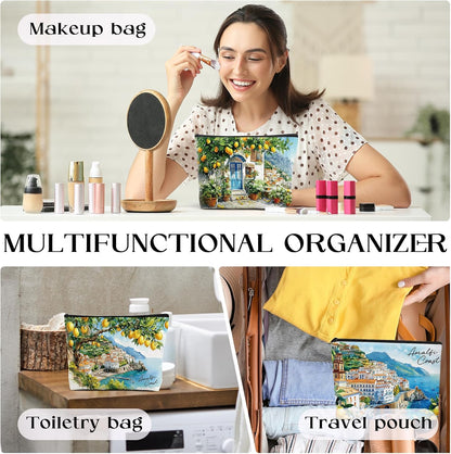 Lemon Gifts Makeup Bag - 4 Pcs Amalfi Coast Cosmetic Bags Set | Aesthetic Toiletry Pouch Italy Travel Essentials Graduation Party Birthday Gift for Women Girls Mom Daughter Friends