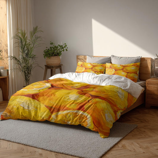 Lemons Citrus Fruit Twin Size 100% Cotton Duvet Cover Sets, Vibrant Lemon Oil Painting Bedding Set with Zipper Closure Corner Ties, 3 Pieces (1 Cover + 2 Pillowcases No Comforter)
