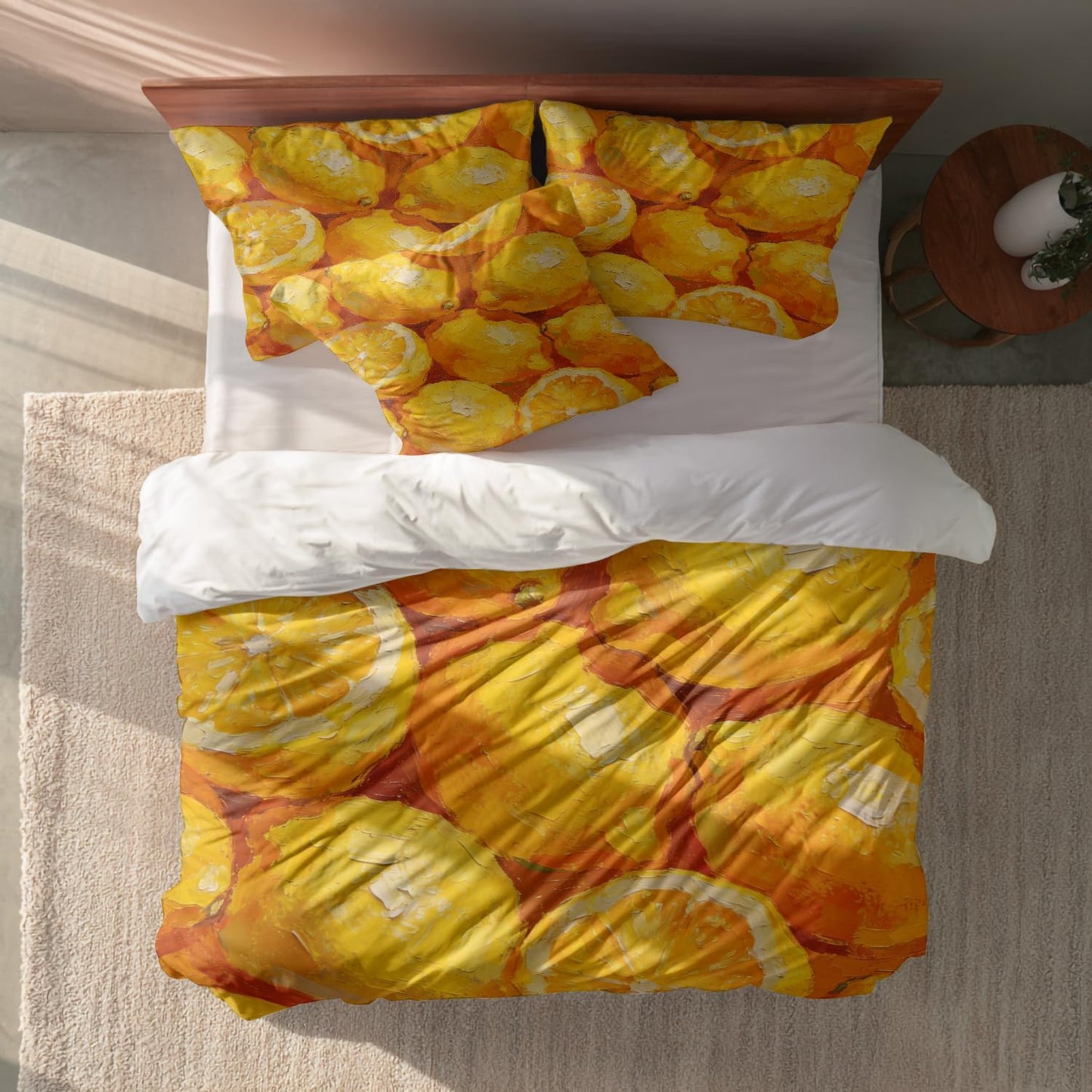 Lemons Citrus Fruit Twin Size 100% Cotton Duvet Cover Sets, Vibrant Lemon Oil Painting Bedding Set with Zipper Closure Corner Ties, 3 Pieces (1 Cover + 2 Pillowcases No Comforter)