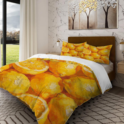 Lemons Citrus Fruit Twin Size 100% Cotton Duvet Cover Sets, Vibrant Lemon Oil Painting Bedding Set with Zipper Closure Corner Ties, 3 Pieces (1 Cover + 2 Pillowcases No Comforter)